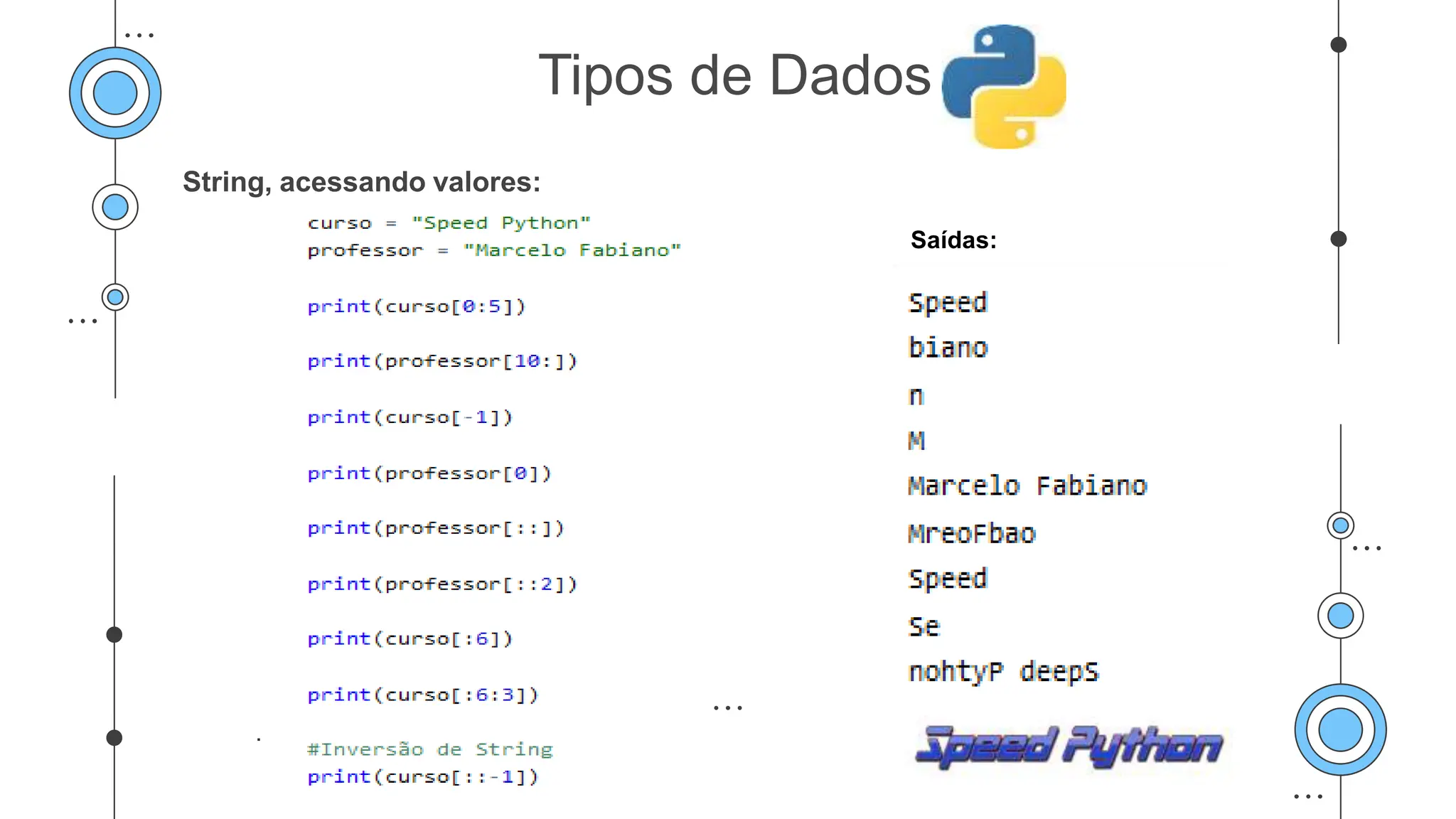 String, acessando valores:
Saídas:
.
Tipos de Dados
 