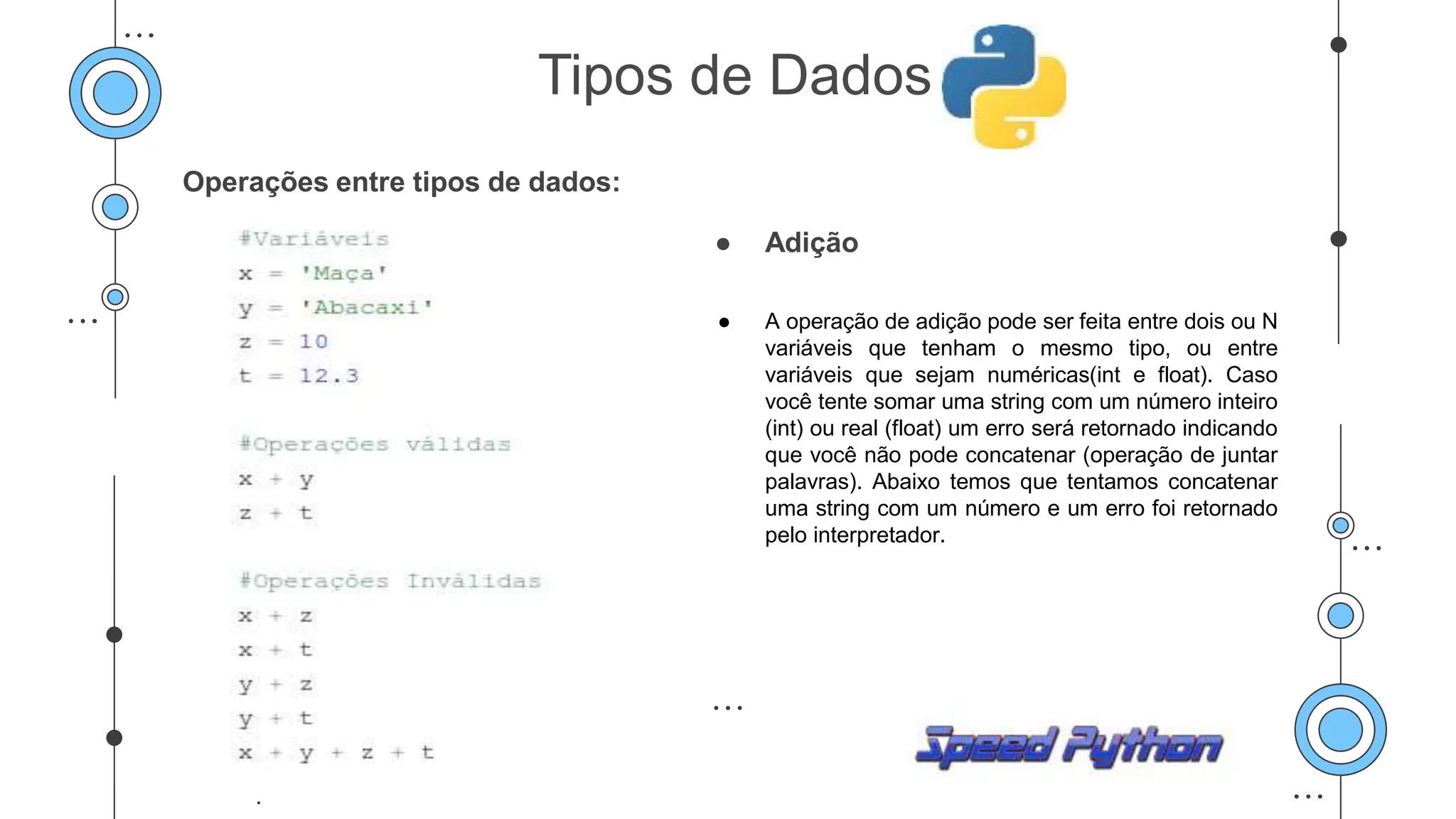 Operações entre tipos de dados:
● Adição
● A operação de adição pode ser feita entre dois ou N
variáveis que tenham o mesmo tipo, ou entre
variáveis que sejam numéricas(int e float). Caso
você tente somar uma string com um número inteiro
(int) ou real (float) um erro será retornado indicando
que você não pode concatenar (operação de juntar
palavras). Abaixo temos que tentamos concatenar
uma string com um número e um erro foi retornado
pelo interpretador.
.
Tipos de Dados
 