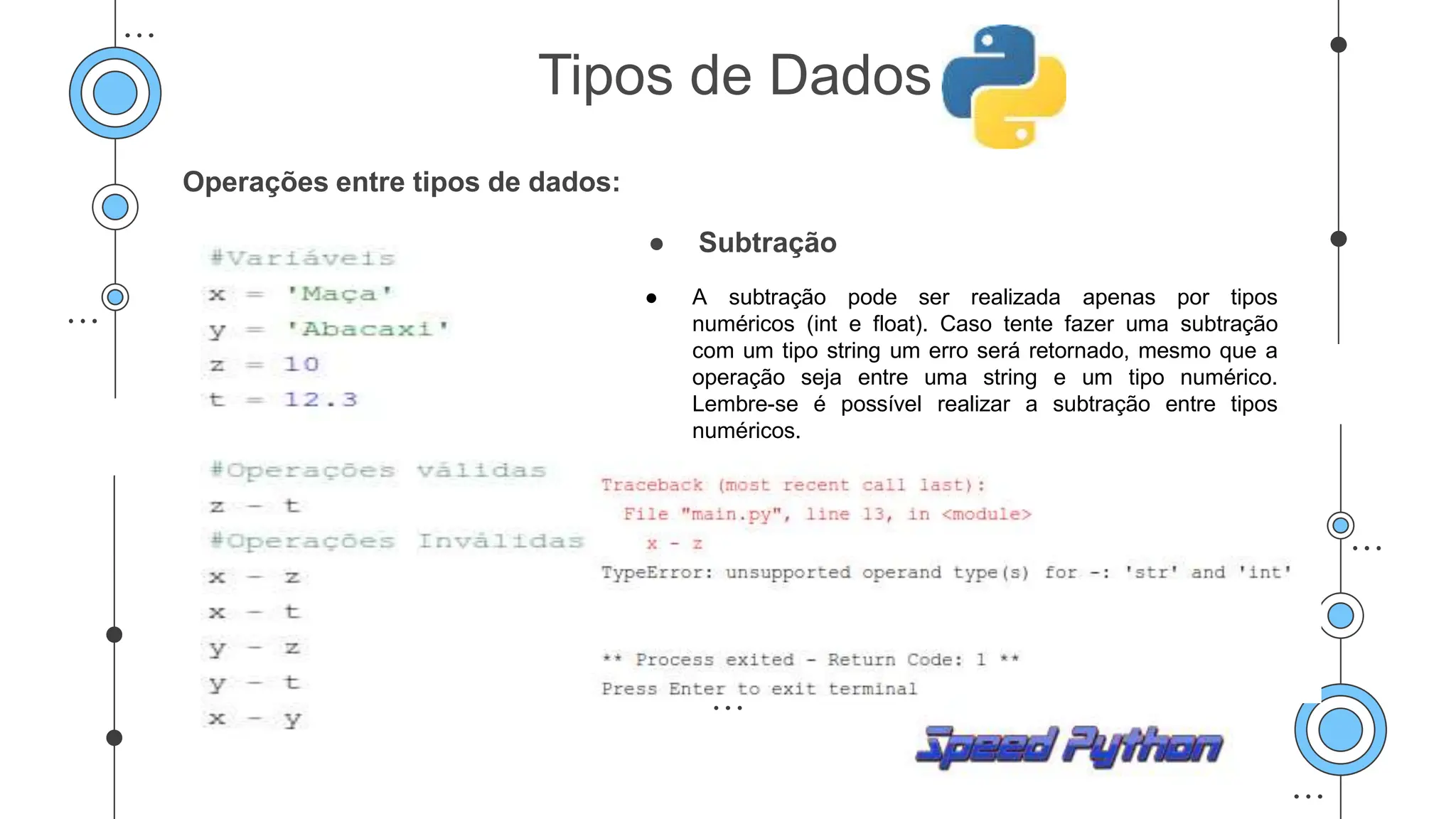 Operações entre tipos de dados:
● Subtração
● A subtração pode ser realizada apenas por tipos
numéricos (int e float). Caso tente fazer uma subtração
com um tipo string um erro será retornado, mesmo que a
operação seja entre uma string e um tipo numérico.
Lembre-se é possível realizar a subtração entre tipos
numéricos.
.
Tipos de Dados
 
