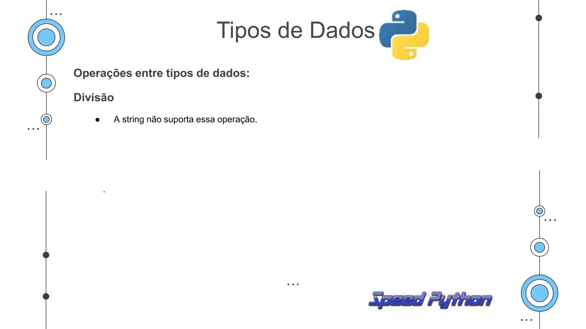 Operações entre tipos de dados:
Divisão
● A string não suporta essa operação.
.
Tipos de Dados
 
