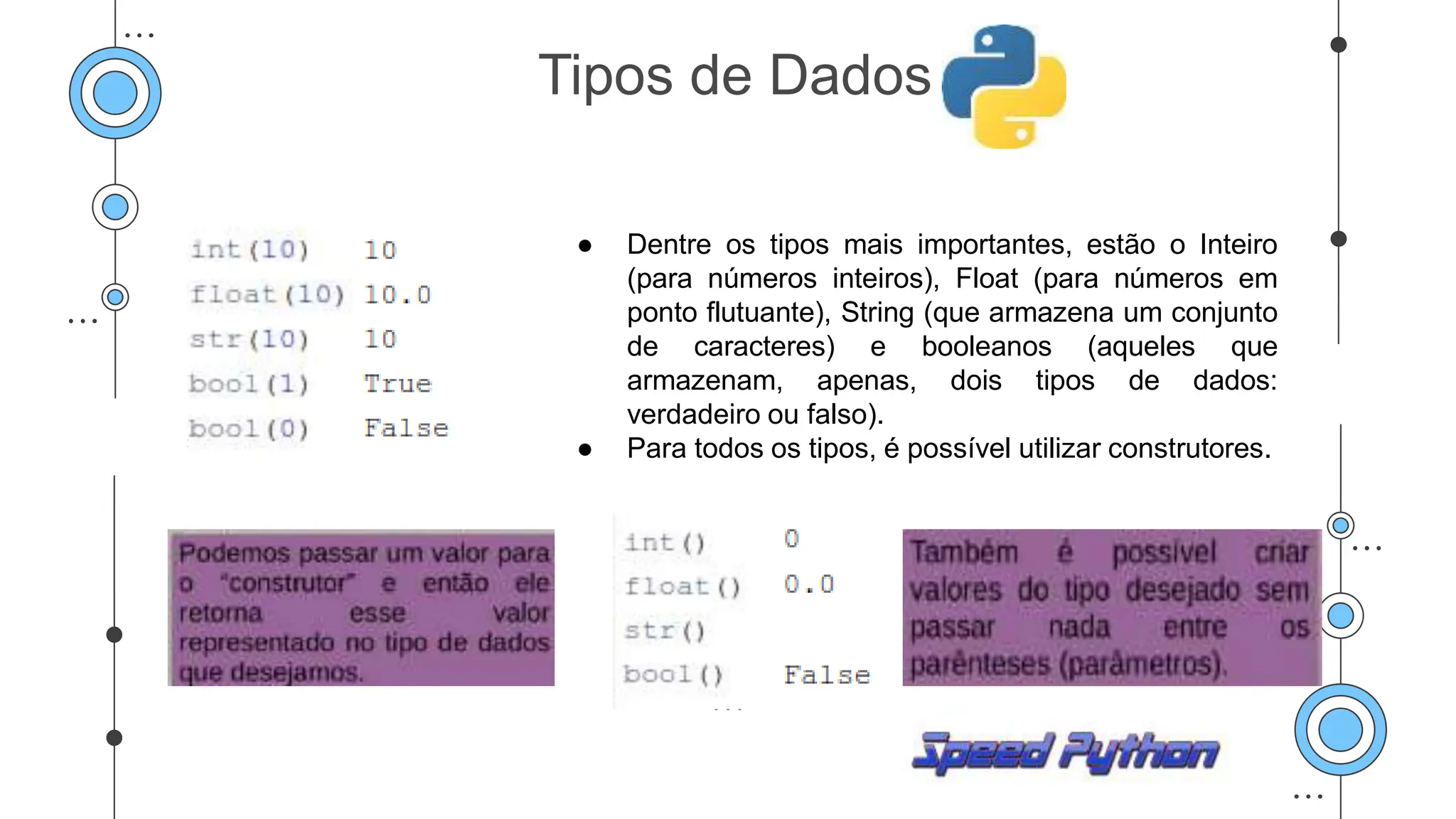 ● Dentre os tipos mais importantes, estão o Inteiro
(para números inteiros), Float (para números em
ponto flutuante), String (que armazena um conjunto
de caracteres) e booleanos (aqueles que
armazenam, apenas, dois tipos de dados:
verdadeiro ou falso).
● Para todos os tipos, é possível utilizar construtores.
Tipos de Dados
 