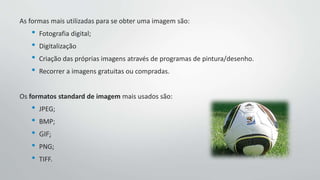 As formas mais utilizadas para se obter uma imagem são:
• Fotografia digital;
• Digitalização
• Criação das próprias imagens através de programas de pintura/desenho.
• Recorrer a imagens gratuitas ou compradas.
Os formatos standard de imagem mais usados são:
• JPEG;
• BMP;
• GIF;
• PNG;
• TIFF.
 