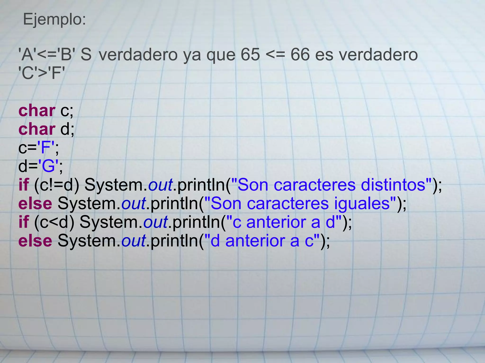   Ejemplo:   'A'<='B' 􀃆 verdadero ya que 65 <= 66 es verdadero 'C'>'F' 􀃆 falso ya que 67>70 es falso   char  c; char  d; c= 'F' ; d= 'G' ; if  (c!=d) System. out .println( "Son caracteres distintos" ); else  System. out .println( "Son caracteres iguales" ); if  (c<d) System. out .println( "c anterior a d" ); else  System. out .println( "d anterior a c" );   
