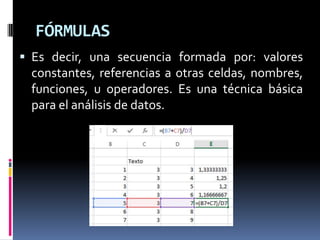 FÓRMULAS
Es decir, una secuencia formada por: valores
constantes, referencias a otras celdas, nombres,
funciones, u operadores. Es una técnica básica
para el análisis de datos.