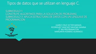 Tipos de datos que se utilizan en lenguaje C.
SUBMODULO 1:
CONSTRUYE ALGORITMOS PARA LA SOLUCION DE PROBLEMAS
SUBMODULO 3: APLICA ESTRUCTURAS DE DATOS CON UN LENGUAJE DE
PROGRAMACION
JUAREZ CRUZ VICTOR MANUEL
RODRIGUEZ SANCHEZ NAHOMI GIANINA
2° AM PROGRAMACION
MARGARITA ROMERO ALVARADO
 