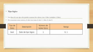• Tipo lógico
• Los datos de este tipo sólo pueden contener dos valores: true ó false (verdadero ó falso).
• Si se muestran como enteros, el valor true toma el valor 1 y false el valor 0.
 