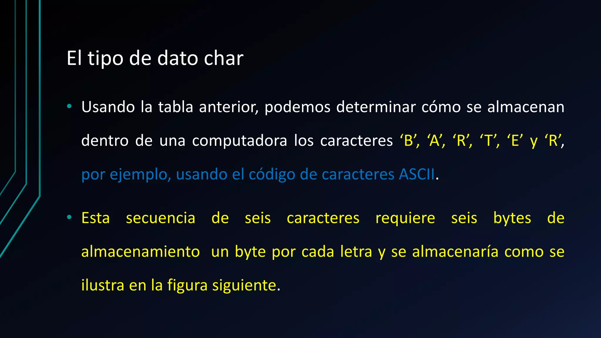El tipo de dato char
• Usando la tabla anterior, podemos determinar cómo se almacenan
dentro de una computadora los caracteres ‘B’, ‘A’, ‘R’, ‘T’, ‘E’ y ‘R’,
por ejemplo, usando el código de caracteres ASCII.
• Esta secuencia de seis caracteres requiere seis bytes de
almacenamiento un byte por cada letra y se almacenaría como se
ilustra en la figura siguiente.
 