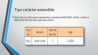 Tipo carácter extendido
Este tipo se utiliza para representar caracteres UNICODE. Utiliza 2 bytes a
diferencia del tipo char que solo utiliza 1.
 