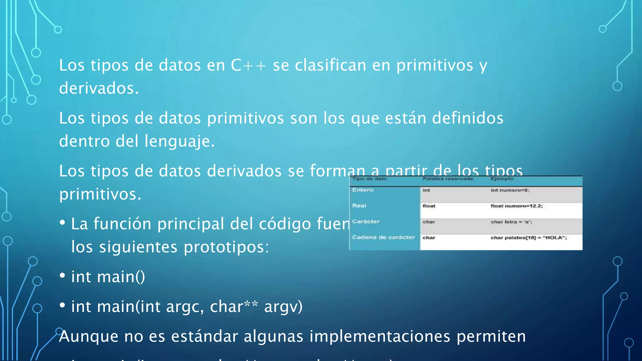 Los tipos de datos en C++ se clasifican en primitivos y
derivados.
Los tipos de datos primitivos son los que están definidos
dentro del lenguaje.
Los tipos de datos derivados se forman a partir de los tipos
primitivos.
• La función principal del código fuente main debe tener uno de
los siguientes prototipos:
• int main()
• int main(int argc, char** argv)
Aunque no es estándar algunas implementaciones permiten
 