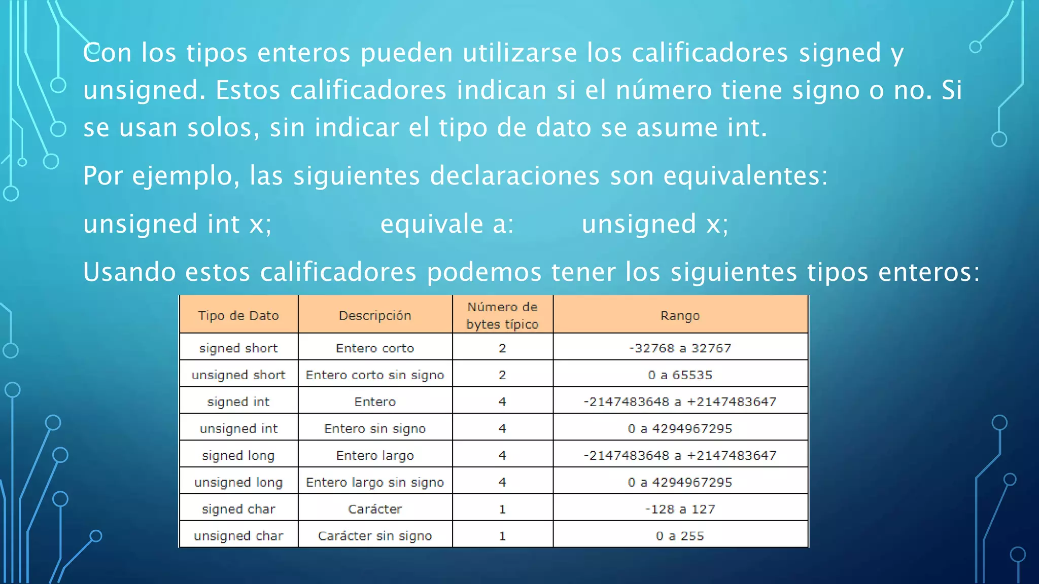 Con los tipos enteros pueden utilizarse los calificadores signed y
unsigned. Estos calificadores indican si el número tiene signo o no. Si
se usan solos, sin indicar el tipo de dato se asume int.
Por ejemplo, las siguientes declaraciones son equivalentes:
unsigned int x; equivale a: unsigned x;
Usando estos calificadores podemos tener los siguientes tipos enteros:
 
