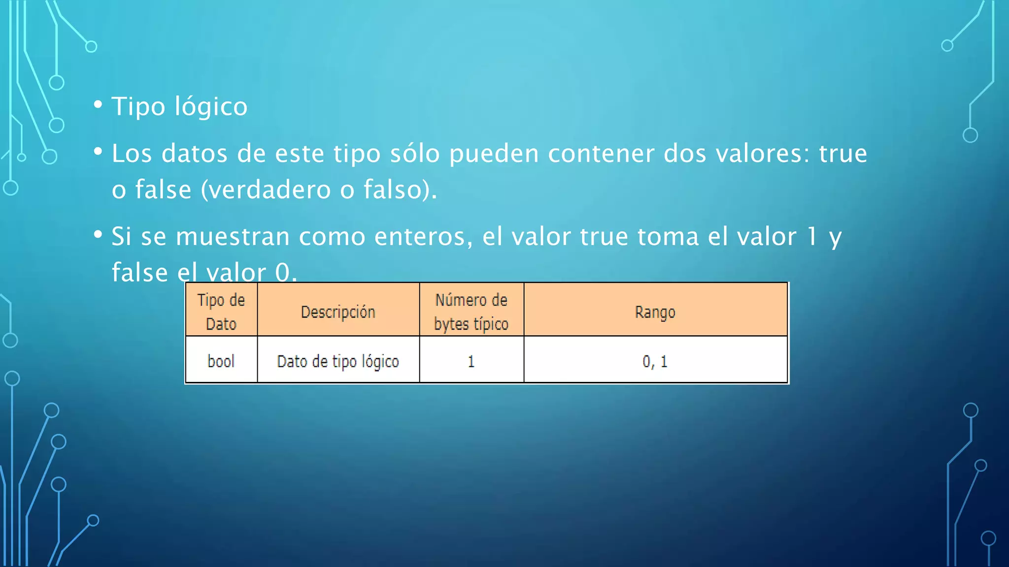 • Tipo lógico
• Los datos de este tipo sólo pueden contener dos valores: true
o false (verdadero o falso).
• Si se muestran como enteros, el valor true toma el valor 1 y
false el valor 0.
 