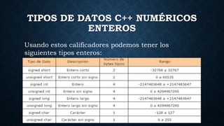 TIPOS DE DATOS C++ NUMÉRICOS
ENTEROS
Usando estos calificadores podemos tener los
siguientes tipos enteros:
 