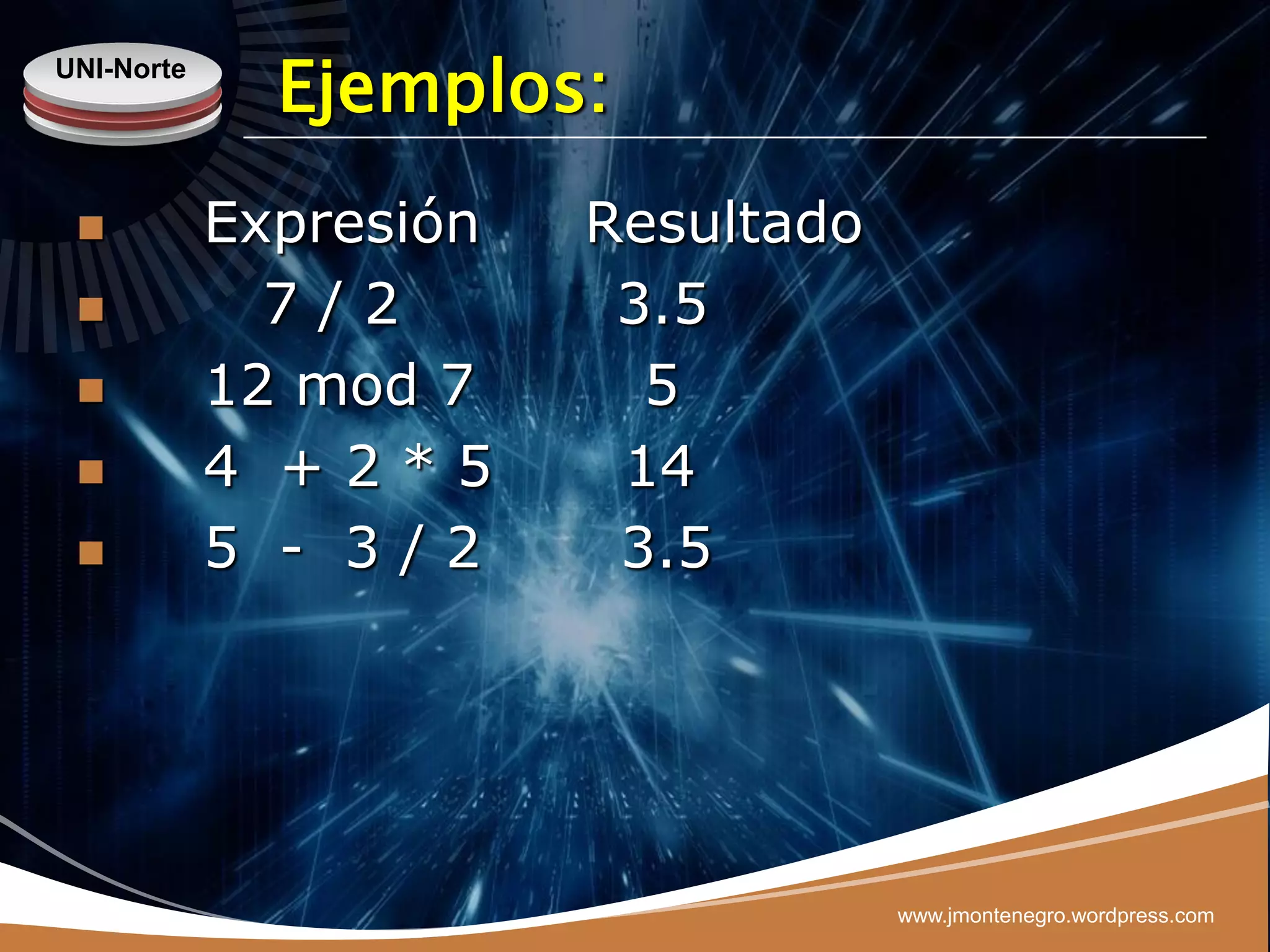 UNI-Norte
              Ejemplos:
           Expresión   Resultado
             7/2        3.5
           12 mod 7      5
           4 +2*5       14
           5 - 3/2      3.5




                                    www.jmontenegro.wordpress.com
 