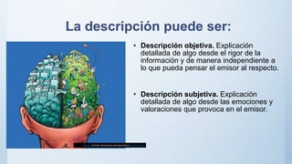 La descripción puede ser:
• Descripción objetiva. Explicación
detallada de algo desde el rigor de la
información y de manera independiente a
lo que pueda pensar el emisor al respecto.
• Descripción subjetiva. Explicación
detallada de algo desde las emociones y
valoraciones que provoca en el emisor.
Esta foto de Autor desconocido está bajo licencia CC BY-NC-ND
 