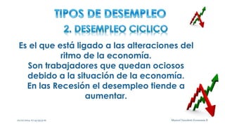 Es el que está ligado a las alteraciones del 
ritmo de la economía. 
Son trabajadores que quedan ociosos 
debido a la situación de la economía. 
En las Recesión el desempleo tiende a 
aumentar. 
02/10/2014 07:43:59 p.m. 4 Maricel Vairoletti Economía II 
 