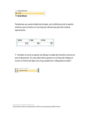 Tendremos ya nuestra tabla terminada, con la diferencia de la opción
anterior que es hecha en una hoja de cálculo que permite realizar
operaciones.

7. También se tiene la opción de dibujar la tabla del tamaño y forma en
que la deseamos. En esta alternativa aparece en la hoja de trabajo el
cursor en forma de lápiz con el que podemos ir dibujando la tabla.1

1

http://www.aulafacil.com/powerpoint-2007-2/curso/powerpoint2007-28.htm

 