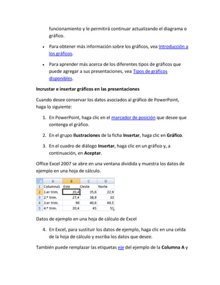 funcionamiento y le permitirá continuar actualizando el diagrama o
gráfico.


Para obtener más información sobre los gráficos, vea Introducción a
los gráficos.



Para aprender más acerca de los diferentes tipos de gráficos que
puede agregar a sus presentaciones, vea Tipos de gráficos
disponibles.

Incrustar e insertar gráficos en las presentaciones
Cuando desee conservar los datos asociados al gráfico de PowerPoint,
haga lo siguiente:
1. En PowerPoint, haga clic en el marcador de posición que desee que
contenga el gráfico.
2. En el grupo Ilustraciones de la ficha Insertar, haga clic en Gráfico.
3. En el cuadro de diálogo Insertar, haga clic en un gráfico y, a
continuación, en Aceptar.
Office Excel 2007 se abre en una ventana dividida y muestra los datos de
ejemplo en una hoja de cálculo.

Datos de ejemplo en una hoja de cálculo de Excel
4. En Excel, para sustituir los datos de ejemplo, haga clic en una celda
de la hoja de cálculo y escriba los datos que desee.
También puede remplazar las etiquetas eje del ejemplo de la Columna A y

 