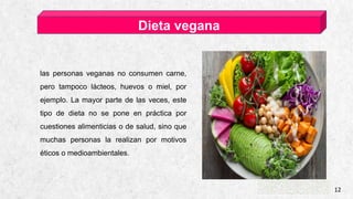 CASA DE ESQUÍ ALPINE 12
Dieta vegana
las personas veganas no consumen carne,
pero tampoco lácteos, huevos o miel, por
ejemplo. La mayor parte de las veces, este
tipo de dieta no se pone en práctica por
cuestiones alimenticias o de salud, sino que
muchas personas la realizan por motivos
éticos o medioambientales.
 