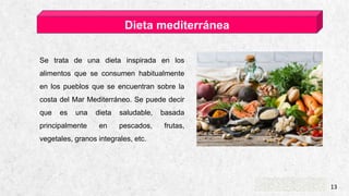 CASA DE ESQUÍ ALPINE 13
Dieta mediterránea
Se trata de una dieta inspirada en los
alimentos que se consumen habitualmente
en los pueblos que se encuentran sobre la
costa del Mar Mediterráneo. Se puede decir
que es una dieta saludable, basada
principalmente en pescados, frutas,
vegetales, granos integrales, etc.
 
