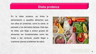 CASA DE ESQUÍ ALPINE 8
Dieta proteica
En la dieta proteica, se limita la
alimentación a aquellos alimentos que
son altos en proteínas, como la carne, el
pescado y los derivados lácteos. Este tipo
de dieta, que llega a excluir grupos de
alimentos tan fundamentales como las
frutas y las verduras, puede llegar a
ocasionar graves problemas de salud.
 
