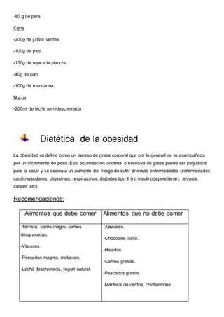 -80 g de pera
Cena
-200g de judías verdes.
-100g de pata.
-130g de rape a la plancha.
-40g de pan.
-100g de mandarina.
Noche
-200ml de leche semidescremada
Dietética de la obesidad
La obesidad se define como un exceso de grasa corporal que por lo general se ve acompañada
por un incremento de peso. Esta acumulación anormal o excesiva de grasa puede ser perjudicial
para la salud y se asocia a un aumento del riesgo de sufrir diversas enfermedades (enfermedades
cardiovasculares, digestivas, respiratorias, diabetes tipo II (no insulinodependiente), artrosis,
cáncer, etc).
Recomendaciones:
Alimentos que debe comer Alimentos que no debe comer
-Ternera, cerdo magro, carnes
desgrasadas.
-Vísceras.
-Pescados magros, moluscos.
-Leché descremada, yogurt natural.
-Azucares.
-Chocolate, caco.
-Helados.
-Carnes grasas.
-Pescados grasos.
-Manteca de cerdos, chicharrones.
 