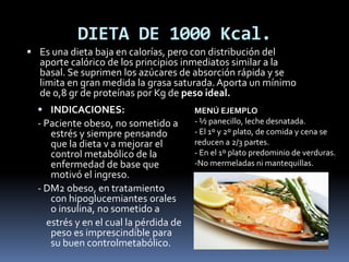 DIETA DE 1000 Kcal.
 Es una dieta baja en calorías, pero con distribución del
aporte calórico de los principios inmediatos similar a la
basal. Se suprimen los azúcares de absorción rápida y se
limita en gran medida la grasa saturada.Aporta un mínimo
de 0,8 gr de proteínas por Kg de peso ideal.
 INDICACIONES:
- Paciente obeso, no sometido a
estrés y siempre pensando
que la dieta v a mejorar el
control metabólico de la
enfermedad de base que
motivó el ingreso.
- DM2 obeso, en tratamiento
con hipoglucemiantes orales
o insulina, no sometido a
estrés y en el cual la pérdida de
peso es imprescindible para
su buen controlmetabólico.
MENÚ EJEMPLO
- ½ panecillo, leche desnatada.
- El 1º y 2º plato, de comida y cena se
reducen a 2/3 partes.
- En el 1º plato predominio de verduras.
-No mermeladas ni mantequillas.
 