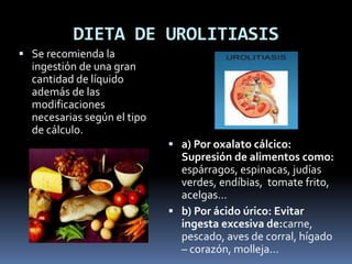 DIETA DE UROLITIASIS
 Se recomienda la
ingestión de una gran
cantidad de líquido
además de las
modificaciones
necesarias según el tipo
de cálculo.
 a) Por oxalato cálcico:
Supresión de alimentos como:
espárragos, espinacas, judías
verdes, endíbias, tomate frito,
acelgas…
 b) Por ácido úrico: Evitar
ingesta excesiva de:carne,
pescado, aves de corral, hígado
– corazón, molleja…
 