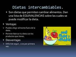 Dietas intercambiables.
 Son dietas que permiten cambiar alimentos. Dan
una lista de EQUIVALENCIAS sobre las cuales se
puede modificar la dieta.
 Ventajas
 Puedes elegir alimento fuera de la
dieta.
 Permite fabricar tu dieta con los
productos que tienes.
 Desventajas
 Difícil de seguir , si es por primera
vez.
 