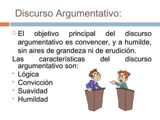  Discurso Argumentativo:
 El objetivo principal del discurso
argumentativo es convencer, y a humilde,
sin aires de grandeza ni de erudición.
Las características del discurso
argumentativo son:
 Lógica
 Convicción
 Suavidad
 Humildad
 