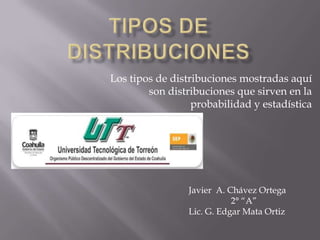Los tipos de distribuciones mostradas aquí
        son distribuciones que sirven en la
                  probabilidad y estadística




                 Javier A. Chávez Ortega
                            2° “A”
                 Lic. G. Edgar Mata Ortiz
 