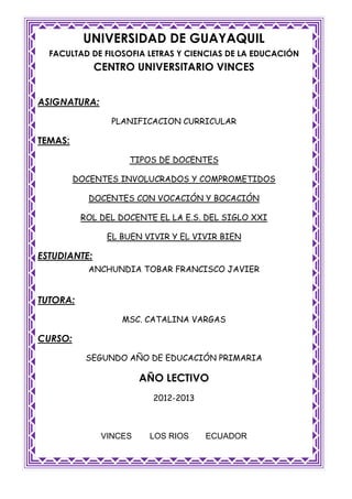 UNIVERSIDAD DE GUAYAQUIL
  FACULTAD DE FILOSOFIA LETRAS Y CIENCIAS DE LA EDUCACIÓN
              CENTRO UNIVERSITARIO VINCES


ASIGNATURA:
                 PLANIFICACION CURRICULAR

TEMAS:
                    TIPOS DE DOCENTES

         DOCENTES INVOLUCRADOS Y COMPROMETIDOS

           DOCENTES CON VOCACIÓN Y BOCACIÓN

          ROL DEL DOCENTE EL LA E.S. DEL SIGLO XXI

                EL BUEN VIVIR Y EL VIVIR BIEN

ESTUDIANTE:
           ANCHUNDIA TOBAR FRANCISCO JAVIER


TUTORA:

                   MSC. CATALINA VARGAS

CURSO:

           SEGUNDO AÑO DE EDUCACIÓN PRIMARIA

                        AÑO LECTIVO
                          2012-2013



               VINCES    LOS RIOS     ECUADOR
 