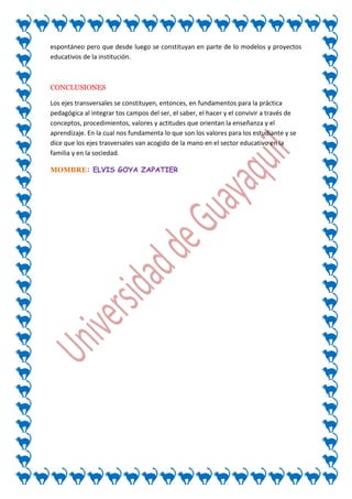 espontáneo pero que desde luego se constituyan en parte de lo modelos y proyectos
educativos de la institución.



CONCLUSIONES

Los ejes transversales se constituyen, entonces, en fundamentos para la práctica
pedagógica al integrar tos campos del ser, el saber, el hacer y el convivir a través de
conceptos, procedimientos, valores y actitudes que orientan la enseñanza y el
aprendizaje. En la cual nos fundamenta lo que son los valores para los estudiante y se
dice que los ejes trasversales van acogido de la mano en el sector educativo en la
familia y en la sociedad.

MOMBRE: ELVIS GOYA ZAPATIER
 