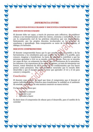 .DIFERENCIA ENTRE

   DOCENTES INVOLUCRADOS Y DOCENTES COMPROMETIDOS
DOCENTE INVOLUCRADO
El docente debe ser capaz, a través de procesos auto reflexivos, de establecer
críticas a sus interpretaciones sobre los valores, creencias y costumbres. De ser
así, la comprensión real de las prácticas educativas que son desarrolladas,
básicamente, por los propios docentes involucrados en los procesos de
enseñanza y aprendizaje. Esta comprensión se nutre de la participación, el
diálogo y la inclusión.
DOCENTE COMPROMETIDO
El docente comprometido busca que lo que enseña tenga un sentido y da las
herramientas a los estudiantes para que puedan ver lo dado y lo posible, para
conocer, imaginar y transformar. La tarea del maestro es contribuir a que las
personas aprendan a vivir en su mundo, entre los demás. Para eso se necesita
ser capaz de leer, no solamente los textos, sino los fenómenos de la naturaleza,
los intereses y las expresiones de los otros. Asimismo, se trata de interpretar esa
lectura, tomar distancia de ella y pensar en los condicionantes que nos hacen
pensar como pensamos. Hay tres elementos esenciales que la escuela debe
desarrollar y que el maestro enseña y tiene que aprender: el ver y el oír para
conocer y compartir.

Conclusión:
El docente copo metido: es aquel que tiene el compromiso que el docente al
quiera individualmente y colectiva para transformar la realidad en el ambiente
de enseñar y aprender y de esta manera construir un marco teórico
Un buen maestro tiene que:
    Aprender a conocer
    Aprender a ser
    Aprender a hacer
Es decir tiene el compromiso de educar para el desarrollo, para el cambio de la
sociedad
 