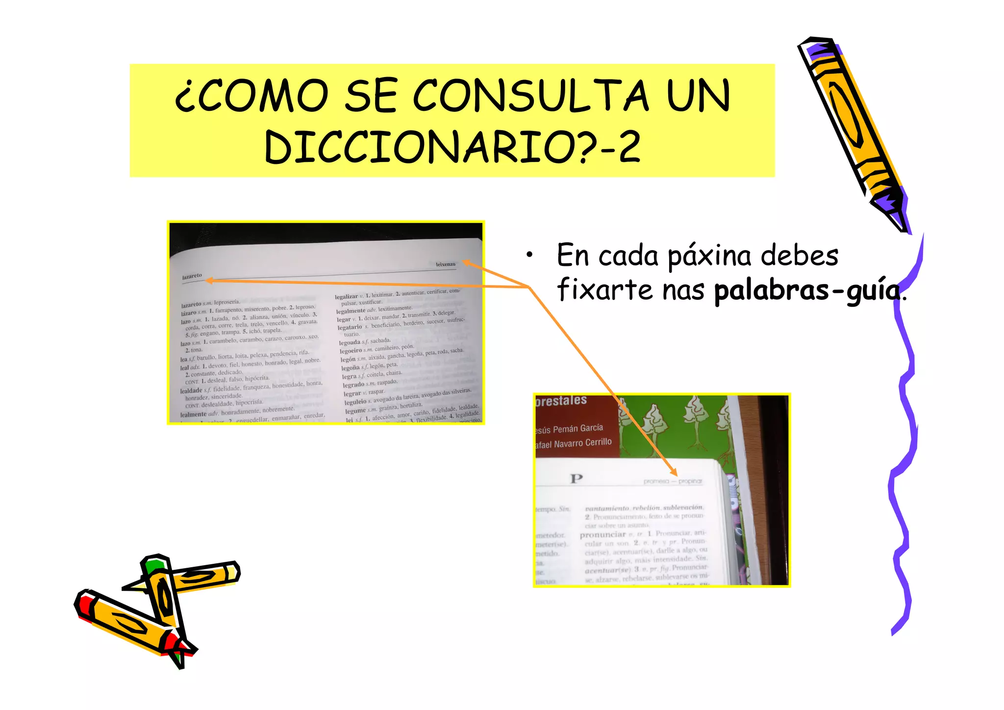 ¿COMO SE CONSULTA UN
   DICCIONARIO?-2

            • En cada páxina debes
              fixarte nas palabras-guía.
 