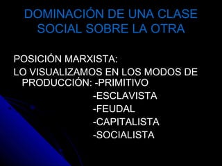 DOMINACIÓN DE UNA CLASEDOMINACIÓN DE UNA CLASE
SOCIAL SOBRE LA OTRASOCIAL SOBRE LA OTRA
POSICIÓN MARXISTA:POSICIÓN MARXISTA:
LO VISUALIZAMOS EN LOS MODOS DELO VISUALIZAMOS EN LOS MODOS DE
PRODUCCIÓN: -PRIMITIVOPRODUCCIÓN: -PRIMITIVO
-ESCLAVISTA-ESCLAVISTA
-FEUDAL-FEUDAL
-CAPITALISTA-CAPITALISTA
-SOCIALISTA-SOCIALISTA
 