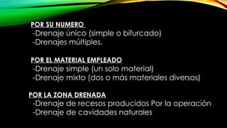 .
POR SU NUMERO
-Drenaje único (simple o bifurcado)
-Drenajes múltiples.
POR EL MATERIAL EMPLEADO
-Drenaje simple (un solo material)
-Drenaje mixto (dos o más materiales diversos)
POR LA ZONA DRENADA
-Drenaje de recesos producidos Por la operación
-Drenaje de cavidades naturales
 