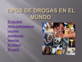El alcohol
Meta-anfetaminas
cocaína
marihuana
heroína
El tabaco
El crack
 