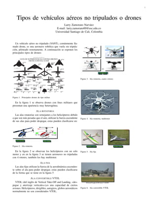 1
Tipos de vehículos aéreos no tripulados o drones
Larry Zamorano Narváez
E-mail: larry.zamorano00@usc.edu.co
Universidad Santiago de Cali, Colombia
Un vehículo aéreo no tripulado (VANT), comúnmente lla-
mado drone, es una aeronave robótica que vuela sin tripula-
ción, piloteado remotamente. A continuación se exponen los
principales tipos de drones:
Figura 1. Principales drones de tipo militar
En la ﬁgura 1 se observa drones con ﬁnes militares que
presentan una apariencia muy heterogénea.
ALA ROTATORIA
Las alas rotatorias son semejantes a los helicópteros debido
a que son más pesadas que el aire, utilizan la fuerza ascendente
de sus alas para poder despegar, estas pueden clasiﬁcarse en:
Figura 2. Ala rotatoria
En la ﬁgura 2 se observan los helicópteros con un solo
motor y en en la ﬁgura 3 se tienen aeronaves no tripuladas
con 4 rotores, también los hay multirotor.
ALA FIJA
Las alas ﬁjas utilizan la fuerza de la aerodinámica ascenden-
te sobre el ala para poder despegar, estas pueden clasiﬁcarse
de la forma que se tiene en la ﬁgura 5
ALA CONVERTIBLE VTOL
VTOL (del inglés de Vertical Take-Off and Landing, «des-
pegue y aterrizaje verticales»),es una capacidad de ciertos
aviones. Helicópteros, dirigibles, autogiros, globos aerostáticos
normalmente no son considerados VTOL.
Figura 3. Ala rotatoria, cuatro rotores
Figura 4. Ala rotatoria, multirotor
Figura 5. Ala ﬁja
Figura 6. Ala convertible VTOL
 