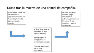 Duelo tras la muerte de una animal de compañía.
Los primeros contactos
de la muerte la
adquieren los niños con
la contemplación de
alguna mascota
muerta.
Se debe dejar que se
manifieste su pena
hacia la mascota.
Dejar que pase el
tiempo antes de
comprar otra mascota.
Evitar dar a entender
que se esta
sustituyendo.
Factores de riesgo:
Nivel de apego,
realización de
eutanasia, actitud hacia
la muerte de las
mascotas y soporte
profesional.
 