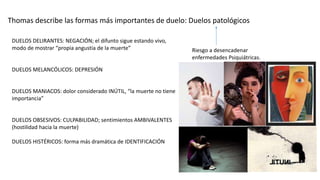 Thomas describe las formas más importantes de duelo: Duelos patológicos
Riesgo a desencadenar
enfermedades Psiquiátricas.
DUELOS DELIRANTES: NEGACIÓN; el difunto sigue estando vivo,
modo de mostrar “propia angustia de la muerte”
DUELOS MELANCÓLICOS: DEPRESIÓN
DUELOS MANIACOS: dolor considerado INÚTIL, “la muerte no tiene
importancia”
DUELOS OBSESIVOS: CULPABILIDAD; sentimientos AMBIVALENTES
(hostilidad hacia la muerte)
DUELOS HISTÉRICOS: forma más dramática de IDENTIFICACIÓN
 
