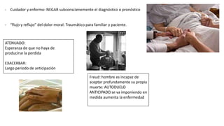 - Cuidador y enfermo: NEGAR subconscienemente el diagnóstico o pronóstico
- “flujo y reflujo” del dolor moral: Traumático para familiar y paciente.
ATENUADO:
Esperanza de que no haya de
producirse la perdida
EXACERBAR:
Largo periodo de anticipación
Freud: hombre es incapaz de
aceptar profundamente su propia
muerte: AUTODUELO
ANTICIPADO se va imponiendo en
medida aumenta la enfermedad
 