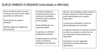 DUELO INIBIDO O NEGADO (retardado o diferido)
Fases iniciales de duelo: parecen
mantener el control sin dar signos
aparentes de sufrimiento.
Preocupación de ayudar a
familiares
Atender diligencias exigidas por
circunstancias
Es experimentado por
aquellas personas que se
vuelcan en actividades
frenéticas para no pensar
en lo sucedido
Duelo diferido por una
segunda perdida
La persona no afronta la
realidad de la perdida
Puede prevalecer una falsa
euforia (tendencia
patológica de la aflicción)
Worden: Otras pérdidas pueden estimular
el duelo retrasado. El duelo retrasado
pude surgir después de un aborto
espontaneo.
La reacciones retrasadas no solo son
desencadenadas por la muerte.
En algunas ocasiones no concluye el duelo
por que no se acepta la muerte no hay
una capacitación para el proceso de
separación.
Se produce una crisis aguda del
sufrimiento en fechas familiares
significativas.
 
