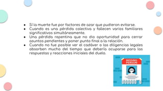 ● Sí la muerte fue por factores de azar que pudieron evitarse.
● Cuando es una pérdida colectiva y fallecen varios familiares
significativos simultáneamente.
● Una pérdida repentina que no dio oportunidad para cerrar
asuntos pendientes y poner punto final a la relación.
● Cuando no fue posible ver el cadáver o las diligencias legales
absorben mucho del tiempo que debería ocuparse para las
respuestas y reacciones iniciales del duelo.
 
