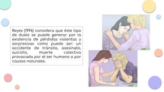 Reyes (1996) considera que éste tipo
de duelo se puede generar por la
existencia de pérdidas violentas y
sorpresivas como puede ser: un
accidente de tránsito, asesinato,
suicidio, muerte colectiva
provocada por el ser humano o por
causas naturales.
 