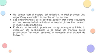 ● No contar con el cuerpo del fallecido, lo cual provoca una
negación que complica la aceptación del suceso.
● Las circunstancias de la pérdida pueden dar como resultado
un cuerpo muy dañado e incluso incompleto, lo cual incrementa
el impacto para la familia
● El shock por la noticia puede ser tan grande que se inhiba la
expresión de sentimientos o se haga de manera breve
procurando “no hacer escenas”, y mantener una actitud de
fortaleza.
 