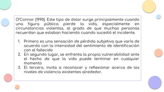 O’Connor (1990). Este tipo de dolor surge principalmente cuando
una figura pública pierde la vida, especialmente en
circunstancias violentas, al grado de que muchas personas
recuerdan que estaban haciendo cuando sucedió el incidente.
1. Primero es una sensación de pérdida subjetiva que varía de
acuerdo con la intensidad del sentimiento de identificación
con el fallecido
2. En segundo lugar, se enfrenta la propia vulnerabilidad ante
el hecho de que la vida puede terminar en cualquier
momento
3. El tercero, invita a reconocer y reflexionar acerca de los
niveles de violencia existentes alrededor.
 