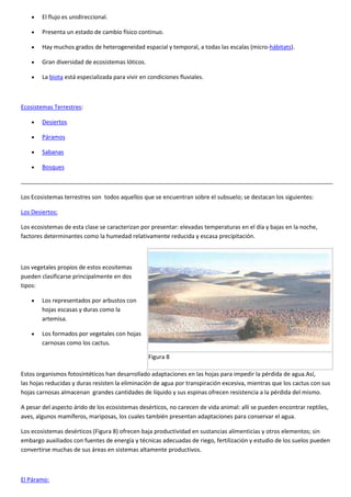  El flujo es unidireccional.
 Presenta un estado de cambio físico continuo.
 Hay muchos grados de heterogeneidad espacial y temporal, a todas las escalas (micro-hábitats).
 Gran diversidad de ecosistemas lóticos.
 La biota está especializada para vivir en condiciones fluviales.
Ecosistemas Terrestres:
 Desiertos
 Páramos
 Sabanas
 Bosques
Los Ecosistemas terrestres son todos aquellos que se encuentran sobre el subsuelo; se destacan los siguientes:
Los Desiertos:
Los ecosistemas de esta clase se caracterizan por presentar: elevadas temperaturas en el día y bajas en la noche,
factores determinantes como la humedad relativamente reducida y escasa precipitación.
Los vegetales propios de estos ecositemas
pueden clasificarse principalmente en dos
tipos:
 Los representados por arbustos con
hojas escasas y duras como la
artemisa.
 Los formados por vegetales con hojas
carnosas como los cactus.
Figura 8
Estos organismos fotosíntéticos han desarrollado adaptaciones en las hojas para impedir la pérdida de agua.Así,
las hojas reducidas y duras resisten la eliminación de agua por transpiración excesiva, mientras que los cactus con sus
hojas carnosas almacenan grandes cantidades de líquido y sus espinas ofrecen resistencia a la pérdida del mismo.
A pesar del aspecto árido de los ecosistemas desérticos, no carecen de vida animal: allí se pueden encontrar reptiles,
aves, algunos mamíferos, mariposas, los cuales también presentan adaptaciones para conservar el agua.
Los ecosistemas desérticos (Figura 8) ofrecen baja productividad en sustancias alimenticias y otros elementos; sin
embargo auxiliados con fuentes de energía y técnicas adecuadas de riego, fertilización y estudio de los suelos pueden
convertirse muchas de sus áreas en sistemas altamente productivos.
El Páramo:
 