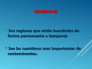 HUMEDALESHUMEDALES
Son regiones que están inundadas deSon regiones que están inundadas de
forma permanente o temporal.forma permanente o temporal.
Son los sumideros mas importantes deSon los sumideros mas importantes de
contaminantes.contaminantes.
 
