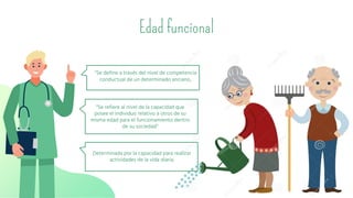 Edad funcional
“Se define a través del nivel de competencia
conductual de un determinado anciano.
“Se refiere al nivel de la capacidad que
posee el individuo relativo a otros de su
misma edad para el funcionamiento dentro
de su sociedad”
Determinada por la capacidad para realizar
actividades de la vida diaria.
 
