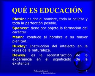QUÉ ES EDUCACIÓN
Platón: es dar al hombre, toda la belleza y
toda la perfección posible.
Spencer: tiene por objeto la formación del
carácter.
Mann: conduce al hombre a su mayor
plenitud.
Huxley: Instrucción del intelecto en la
leyes de la naturaleza.
Dewey: es la reconstrucción de la
experiencia en el significado de la
existencia.
Pedagogía General
Lic. Jairon Caballero
3
 